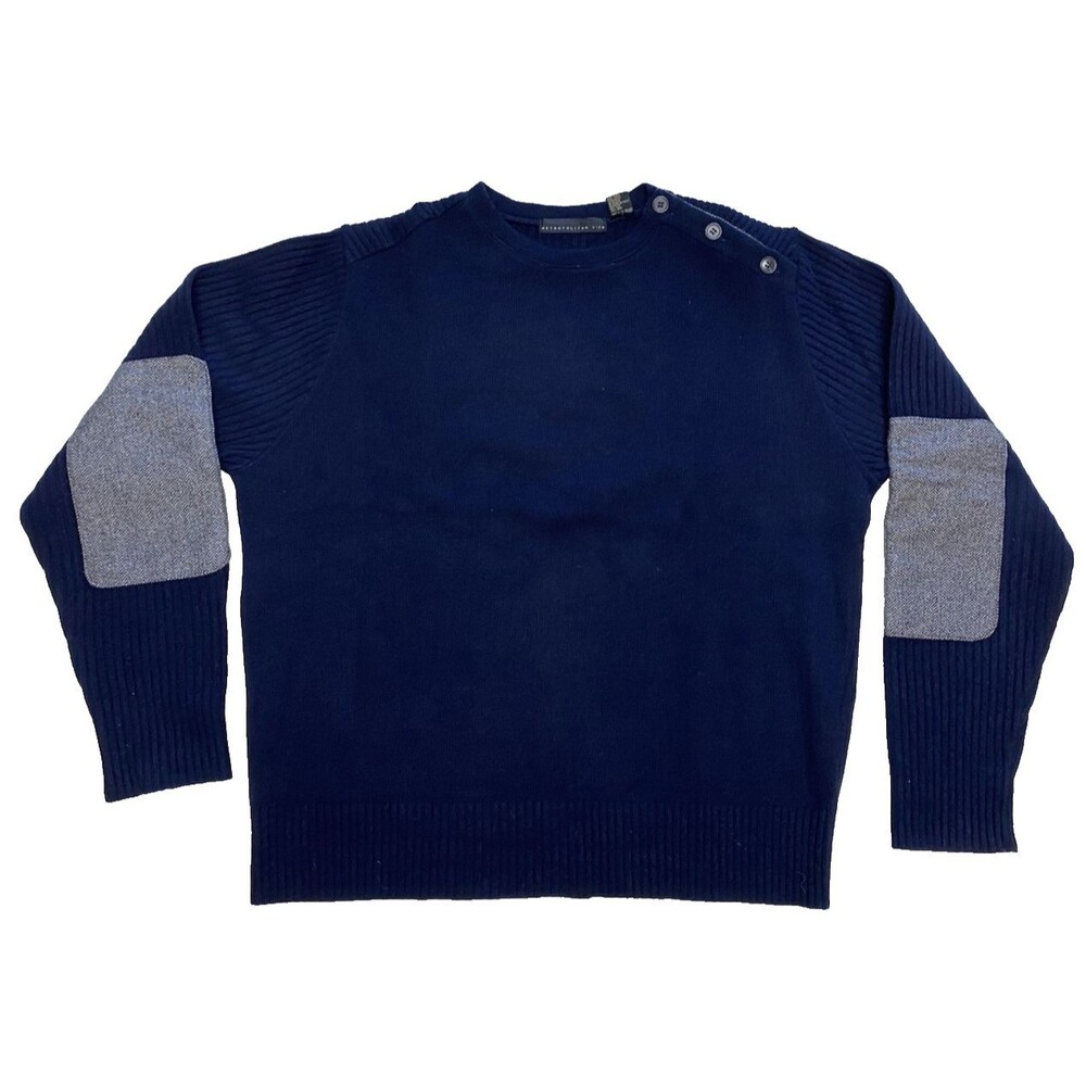 Metropolitan View Blue Wool Blend Crew Neck Sweater Large Elbow Patches Italy